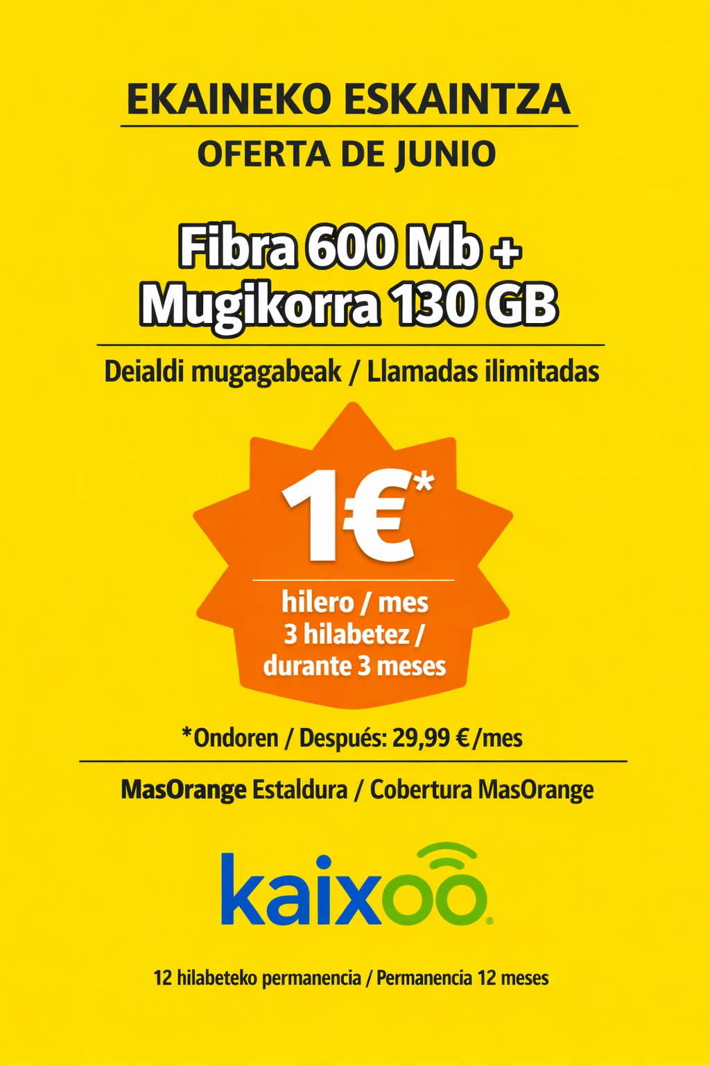 600 Mb Zuntza eta Mugikorra 130 Gb-rekin eta dei mugagabeak 5G, MasOrange estaldura.